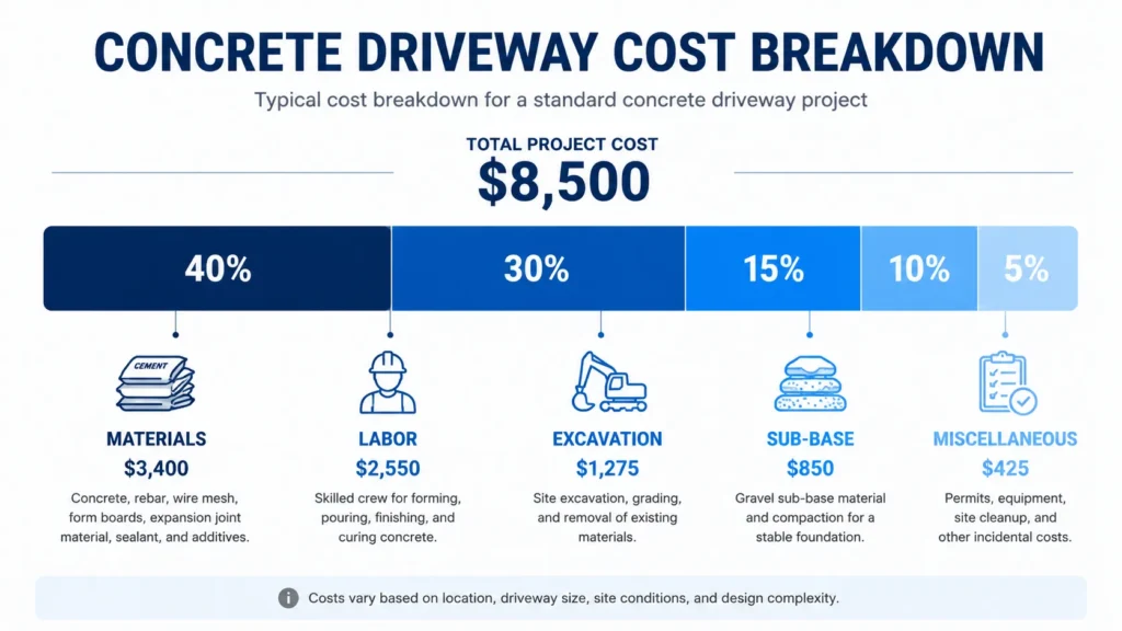 Concrete driveway cost breakdown by materials, labor, and site preparation