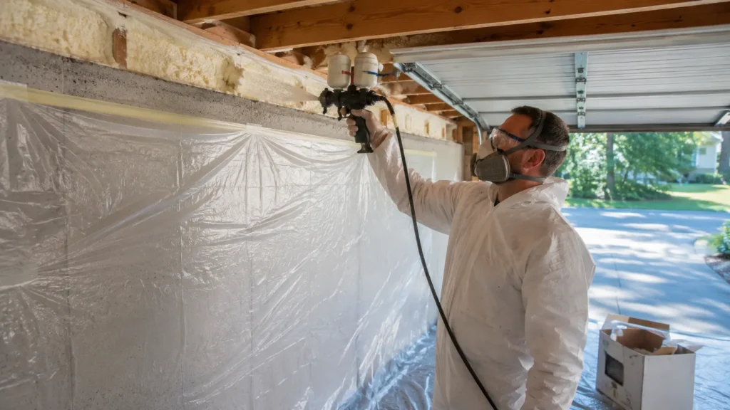 Homeowner applying a DIY spray foam insulation kit to garage rim joists