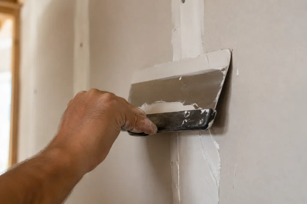 Hands applying joint compound to a drywall seam during finishing