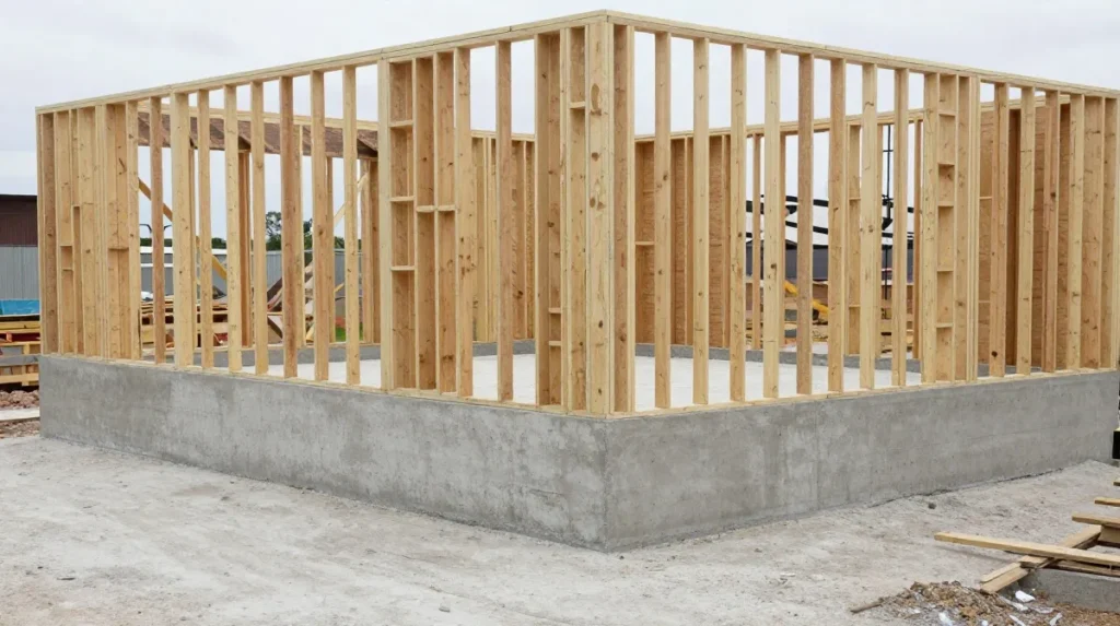 Foundation and framing stages of home construction side by side
