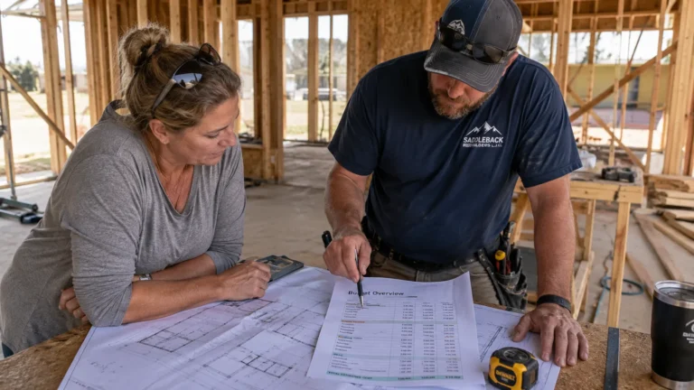 Homeowner reviewing a construction budget on site with a contractor