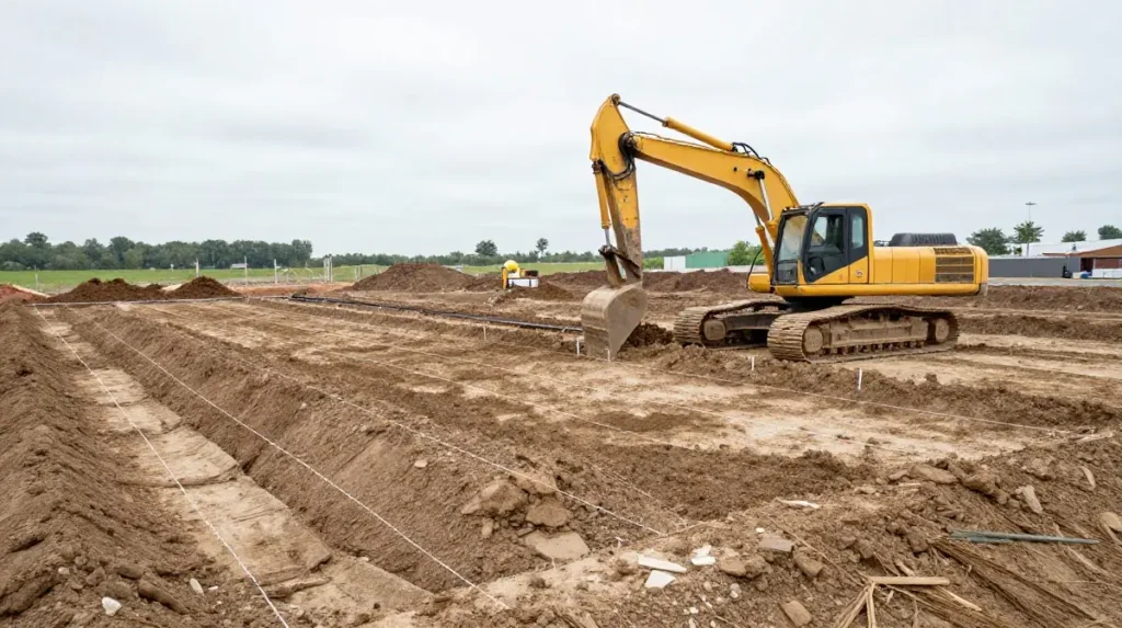Excavation equipment clearing and grading a lot for new home construction
