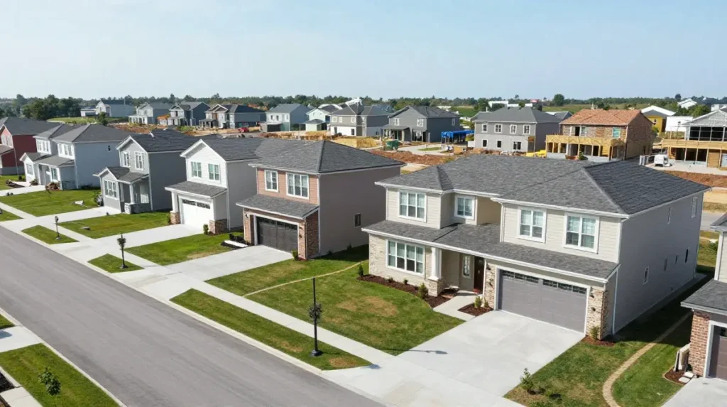 Row of newly built homes in a growing suburban development