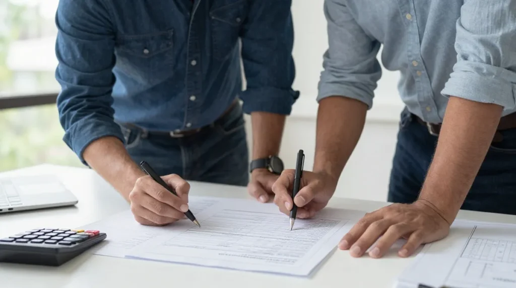 Homeowner and contractor reviewing a detailed line-item construction quote