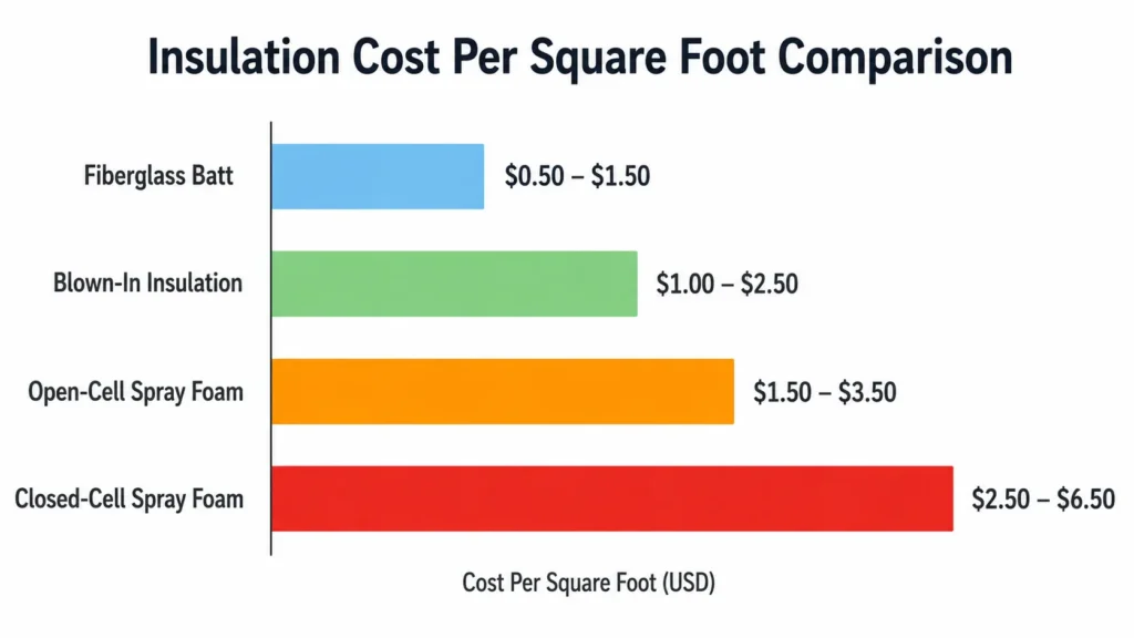 Cost per square foot comparison chart: fiberglass, blown-in, open-cell, and closed-cell spray foam
