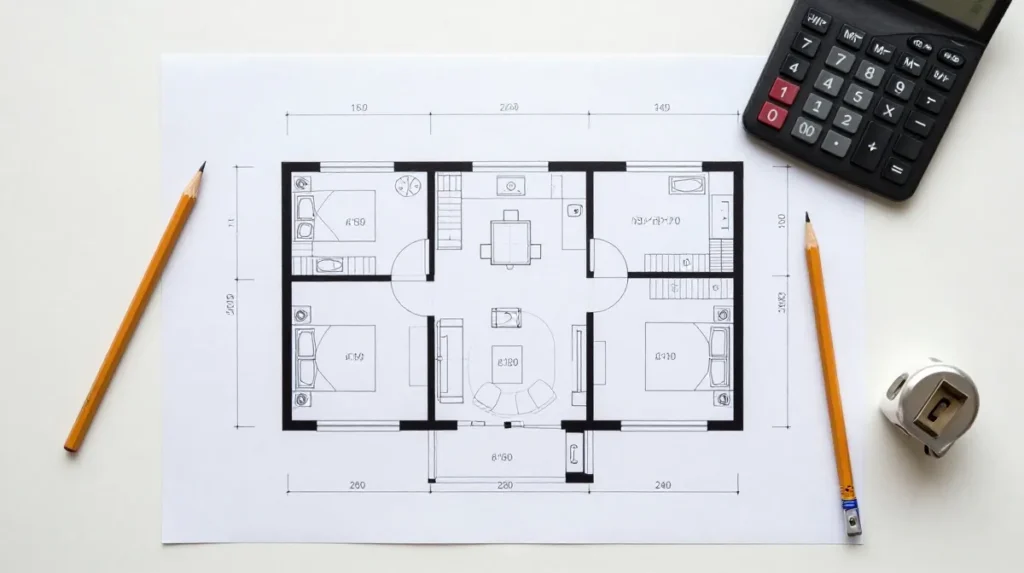Blueprint of a three-bedroom floor plan with a calculator and pencil