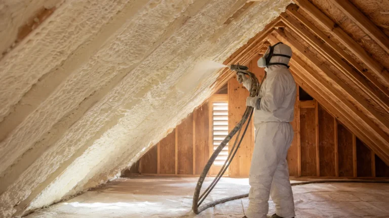 Contractor spraying closed-cell spray foam insulation on an attic roof deck