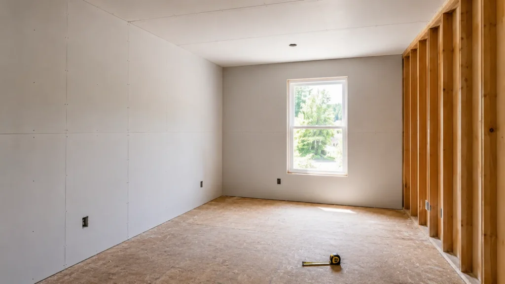 Partially drywalled bedroom showing framed wall next to finished drywall wall