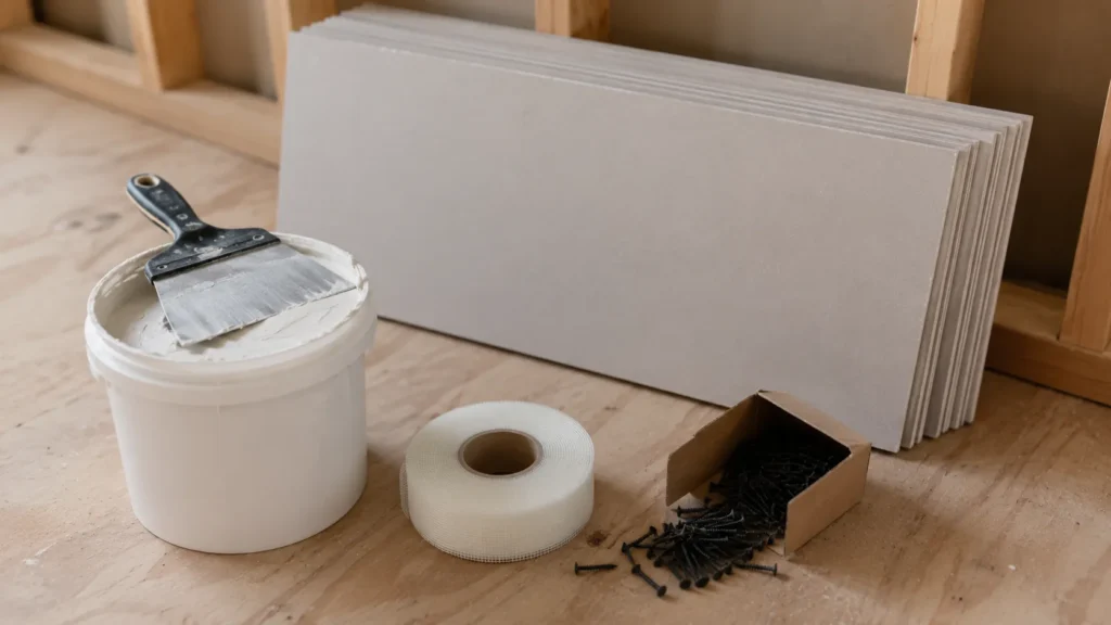 Drywall sheets, joint tape, and compound used to estimate installation materials cost