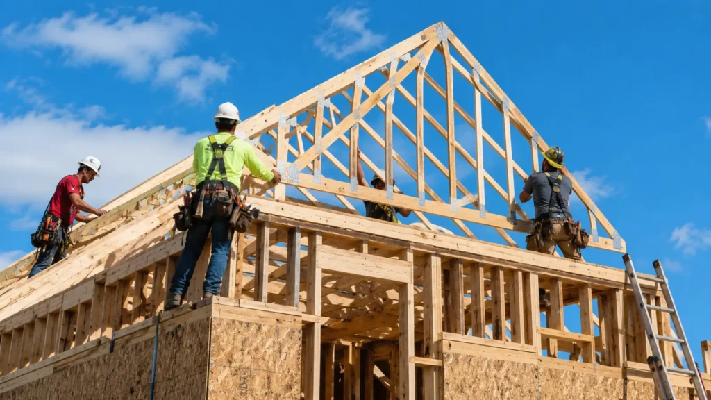  Framing crew building the roof structure of a new house