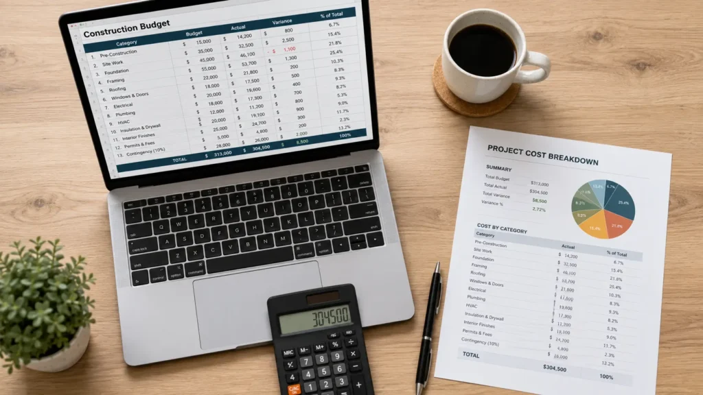 Total home construction cost spreadsheet with contingency budget