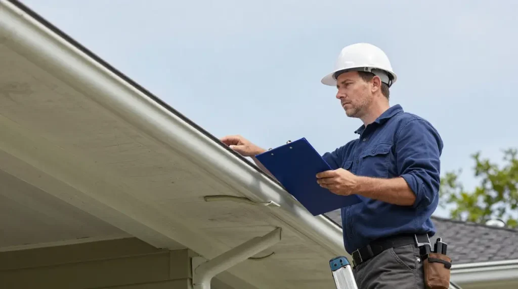 Home inspector checking HVAC and roof condition on an existing house