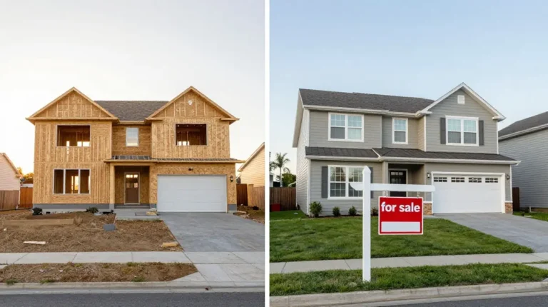 Split image comparing a new home under construction and a finished existing home for sale