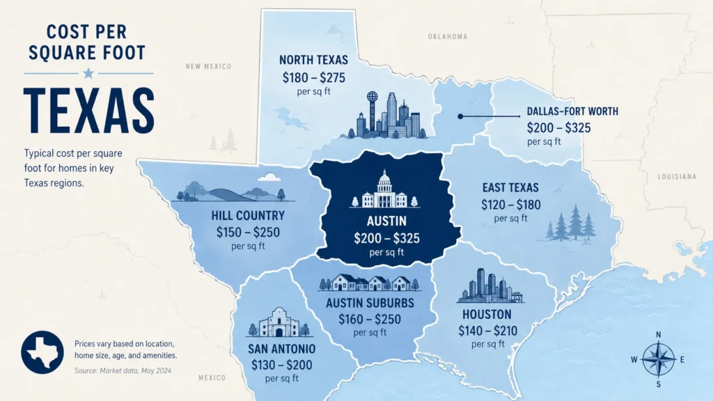Map comparing cost to build a house in texas across Austin, Dallas, Houston, San Antonio, East Texas, and Hill Country