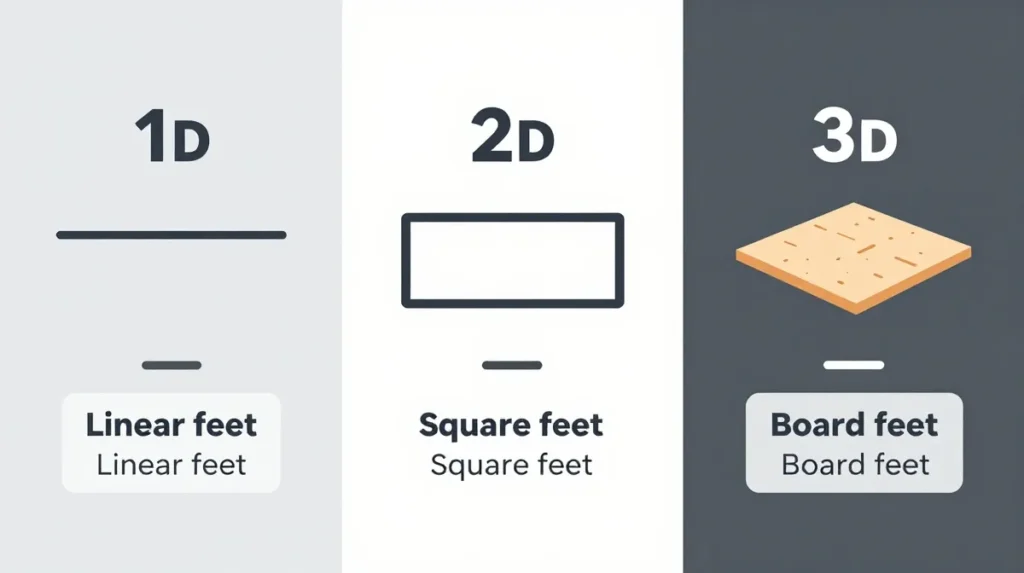 Comparison chart of board feet, linear feet, and square feet measurements