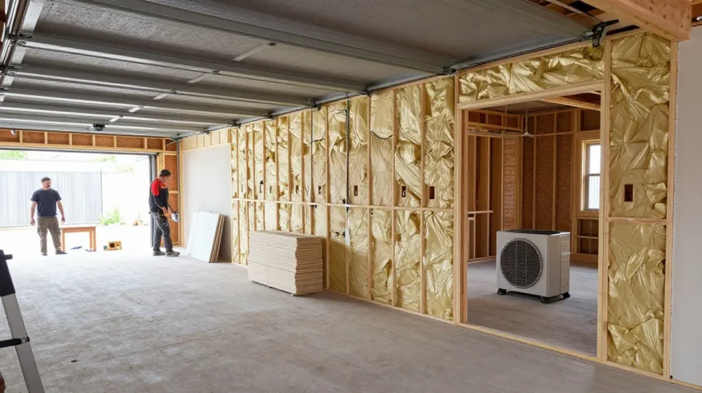 Garage conversion construction with insulation electrical and flooring work