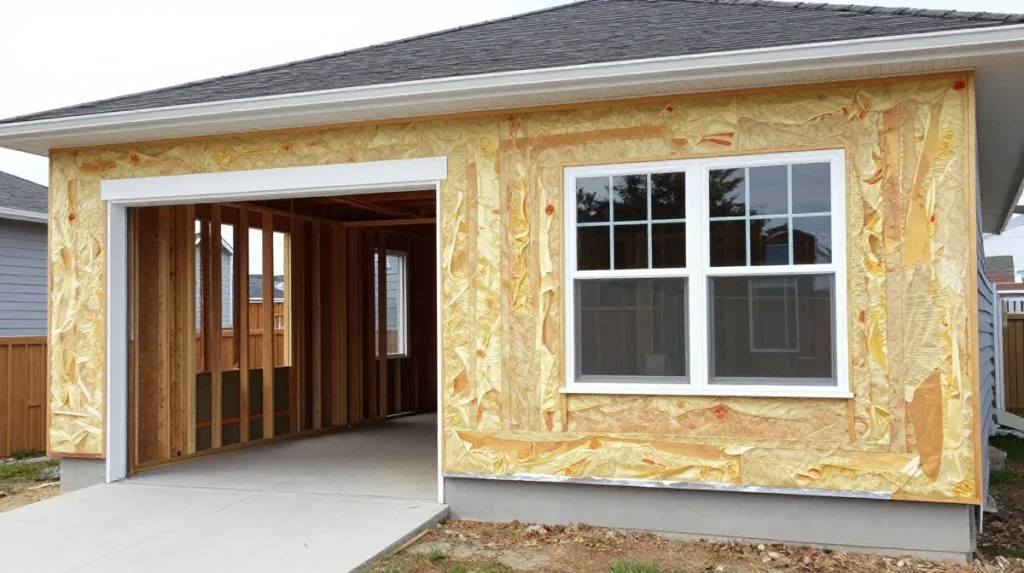 Garage door opening converted into an insulated wall with windows